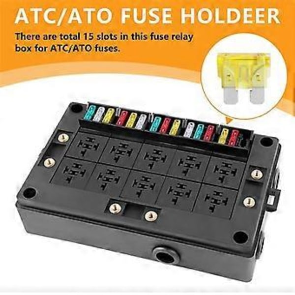 12V Bil Sikring Reléboks Universell Blok for Bil, Lastebil - 10 Spors Reléholder, 15 Spors ATC/ATO Sikringsholder