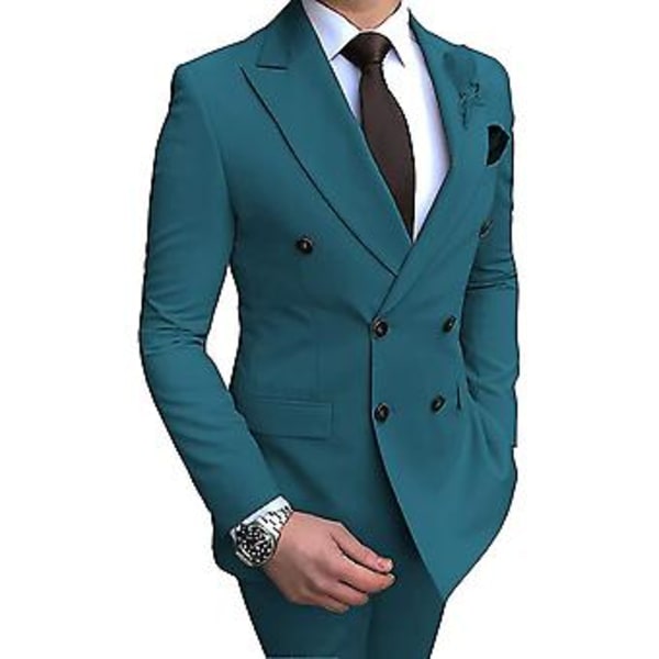 Herrar Dubbelknäppt Blazer Kostym 2 Delar Slim Fit Bröllop Brudgum Tuxedo Peak Lapel Formell Prom Suits (42 Burgundy)