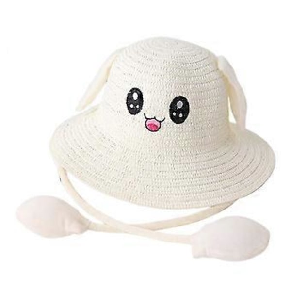 Stråhat med kaninører, tegneserie, sød, komfortabel, solbeskyttelse, sød børnehat, sommerhat til cosplay-fester, ture (mælkehvid)