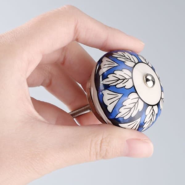 6 stk Vintage Shabby Knobs Blå og Hvit Blomster Håndmalt C