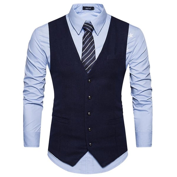 Men Formal Waistcoat Slim Fit Single Breasted Suit Vest Casual Jacket Gilet Navy blue L