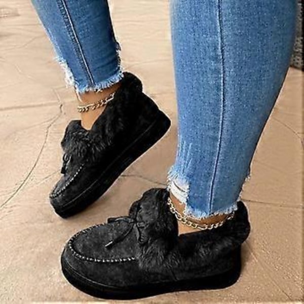 Nye ankomst Damer Vintermode Flade Støvler Tykke Varme Platform Snestøvler Slip-on Ankelstøvler til Indendørs/Udendørs (Sort)