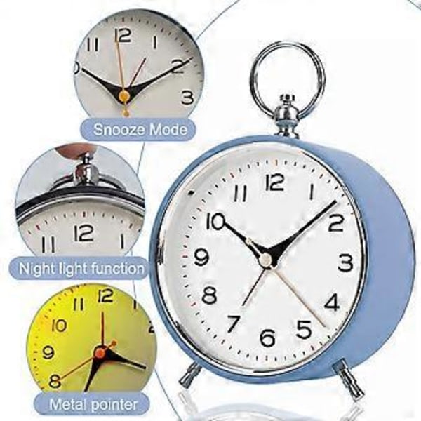 Analog väckarklocka för sovrum Tystgående med nattlampa Snooze 4,3'' rund retro väckarklocka
