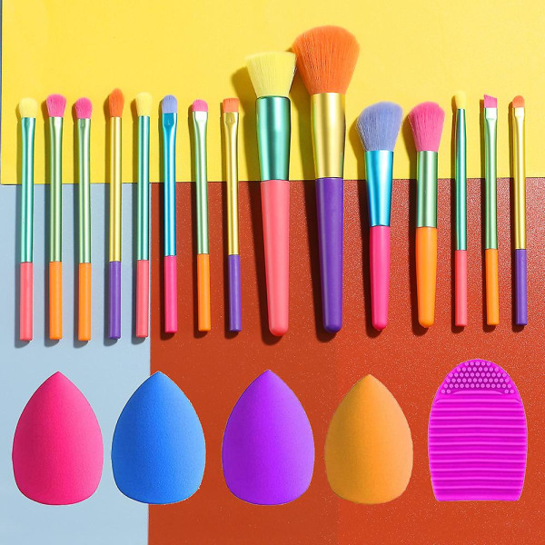 15 stycken+fyra Powder Puffs+washer Rainbow Creative Differentiated Beauty Makeup Brush Set