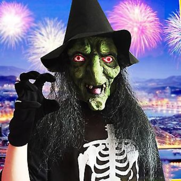 Halloween Horror Gammal Häxmask med Hatt Cosplay Läskig Clown Häxa Latexmasker Grön Ansikte Stor Näsa Gammal Kvinna Kostymfest Rekvisita