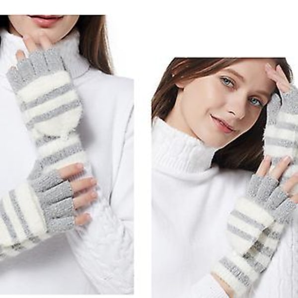 Plush Strikket Handsker Strækbare Handsker med Flip Top Stribede Fingerløse Handsker (Grå)