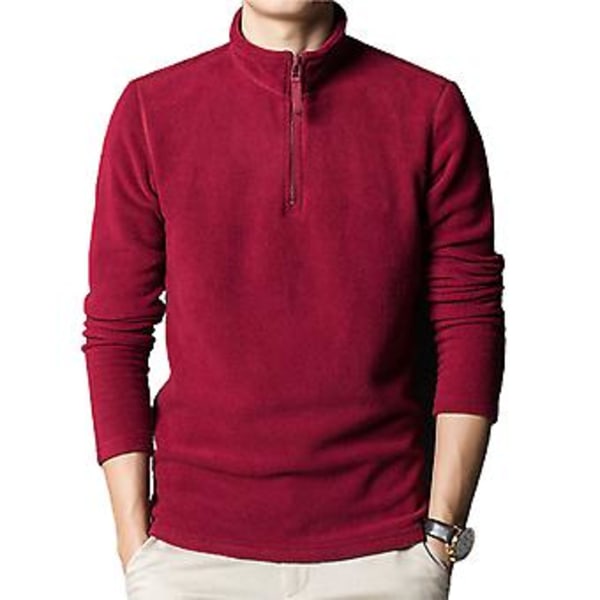 Herrar Tröja Solid Färg Stå Krage Blixtlås Halsring Slim Fit Streetwear Höst Vinter Dubbelsidig Fleece Botten Skjorta Män Kläder (XL Röd)