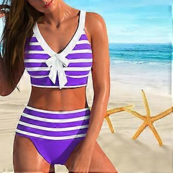 Dame Badedragt med skulderstropper og gråt/hvidt stribet print, bikini-shorts og tanktop (4XL lilla)
