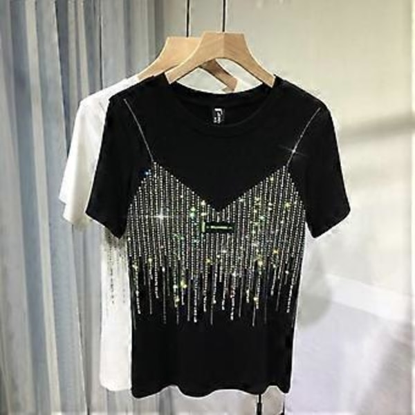Chic Sommer Diamant Kort Ermet T-skjorte For Kvinner Casual Ensfarget O-hals T-skjorte Dame Streetwear Tees Topp (XXXXL svart)