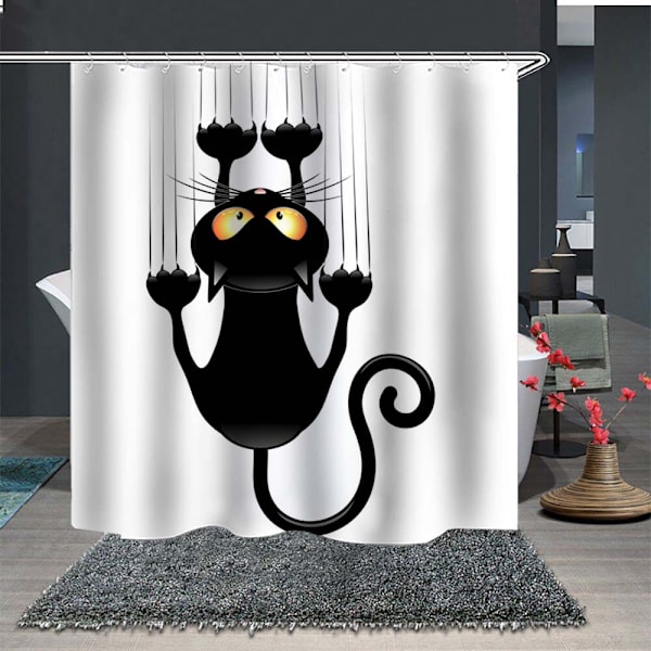 Vattentät badrumsdraperi, (svart katt, 180x180)