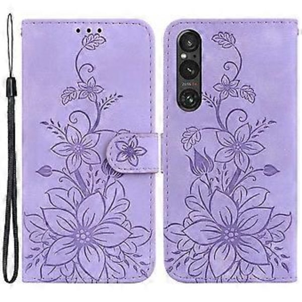 Sony Xperia 1 V Lompakkokotelo Jalustalla, Lily Kukka Kuvioitu, Iskunkestävä PU Nahkakansi (Tyyli D)
