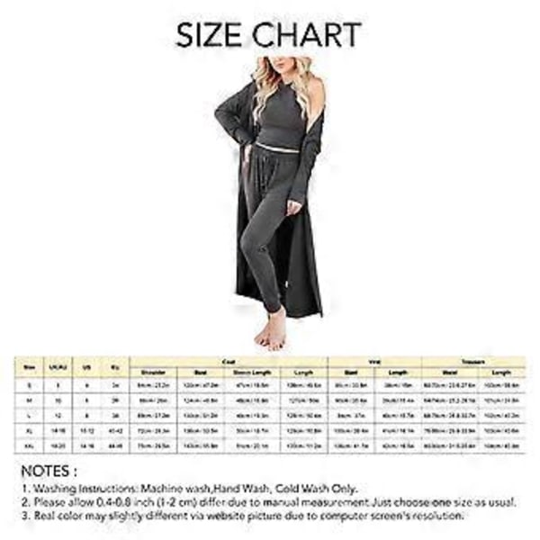 3-delt pysjamassett for kvinner, høst- og vinterhjemmeantrekk, 3-delt loungewear-sett, vest, bukser, cardigan (XXL grå)