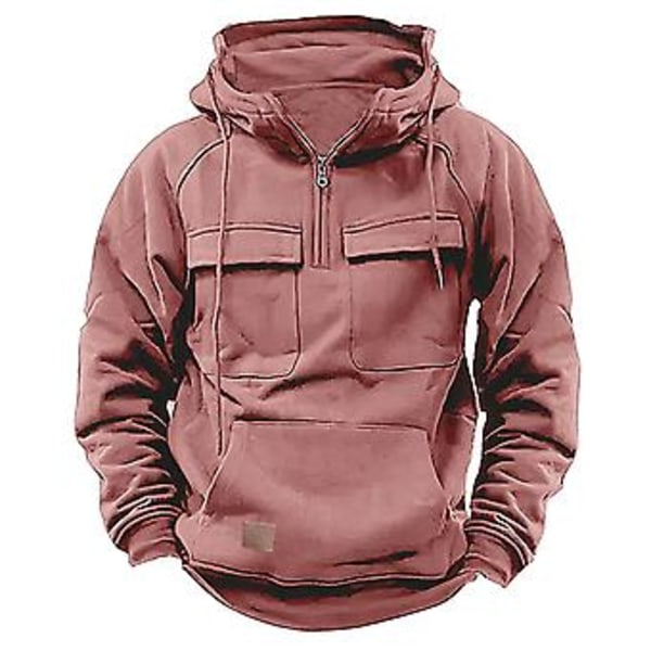 Huvtröja för män, höst/vinter, dragsko, enfärgad, lös, fickor, långärmad, stor ficka, halv dragkedja, elastiska muddar, tröja (XL Rosa)