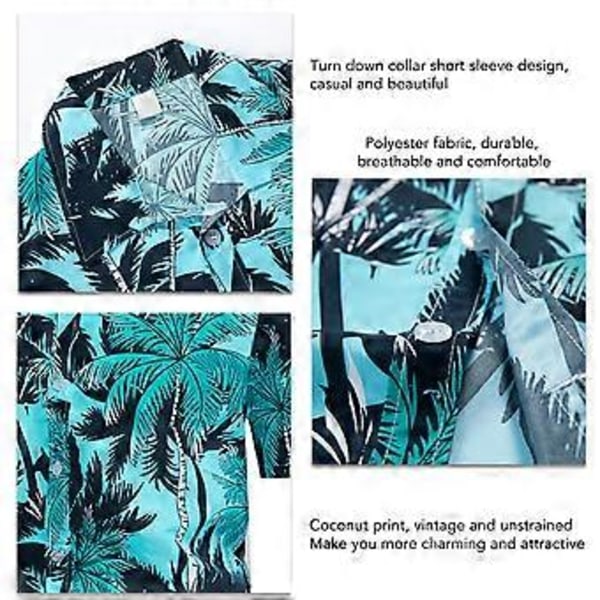 Miesten lyhythihainen hawaiijuttupaita kookospähkinäkuosilla, trooppinen rantapaita, napillinen vintage-kauluspaita (M Cyan)
