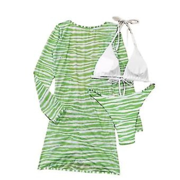 Dame 3-delt badedragt Tie Dye Halter Bikini Sæt med langærmet strandkjole Grønne striber (L)