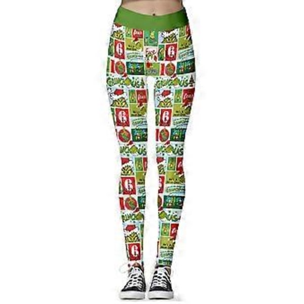 Naisten korkeavyötäröiset joululegginsit raidallinen Grinch-lumhiutalepainatuksella (S-XL)