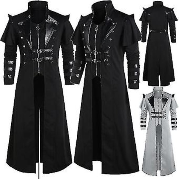 Vintage Halloween Middelalder Steampunk Assassin Elves Pirat Kostume Voksen Mænd Sort Lang Split Jakke Gothic Armor Læder Frakker (XL Grå)