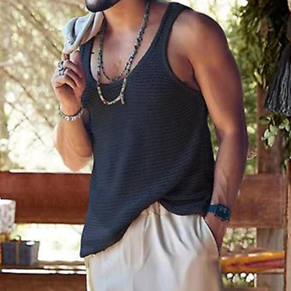 Mænd Sommer Vest Ærmeløs Ensfarvet Enkel Stil Strikket U-Hals Sports Blød Trøje Mænd Tank Top Mænd Tøj (3XL Lyseblå)