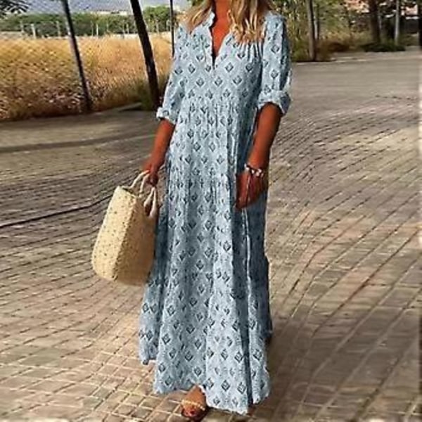 Maxiklänning Charmig Ståkrage Mjuk Lång Klänning Casual Lös Boho Tryck Maxiklänning Streetwear (2XL blå)
