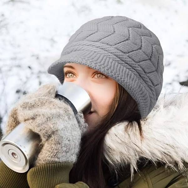 Dame Vinter Beanie Varm Strikket Slouchy Uld Huer Cap med Visor