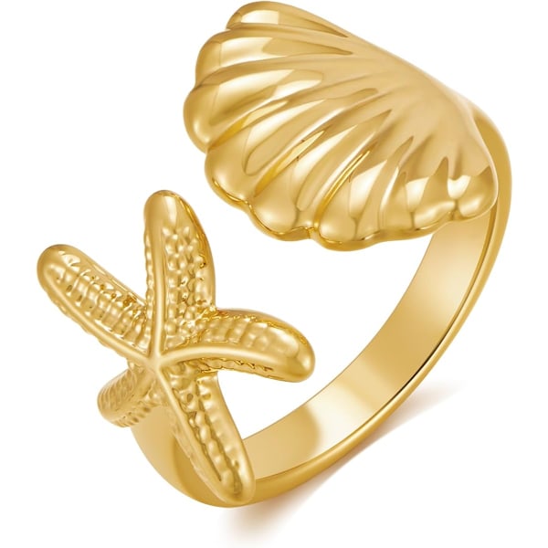 Guldring för kvinnor Guld havsskal ring Conch ring Skal sjöstjärna ring Justerbar ring Sommar hav strand ringar Mode
