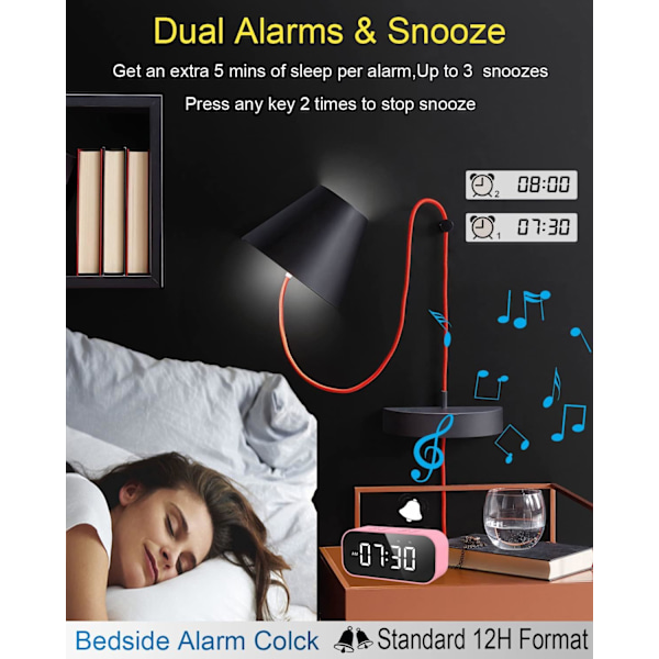 Väckarklocka för sovrum, liten digital klocka med Bluetooth-högtalare, skrivbords klocka med dubbla alarm, snooze, spegel LED-display för flickor, vuxna.