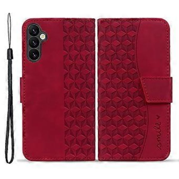 Til Samsung Galaxy A35 5G Etui Præget Rombe Læder Telefonbeskytter med Håndledsrem (Vinrød)