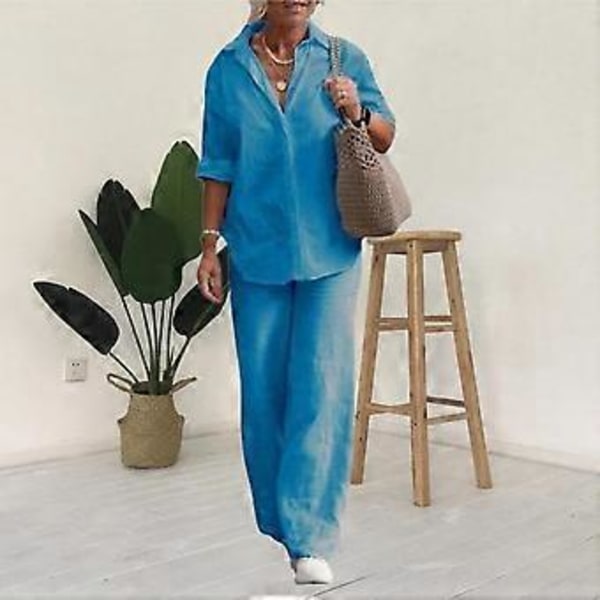 1 Set Trendiga Dam Casual Skjorta Byxor Kläder Plus Size Bomull Linne Topp Vida Ben Byxor Lös Outfit Pendling (XL rosa)
