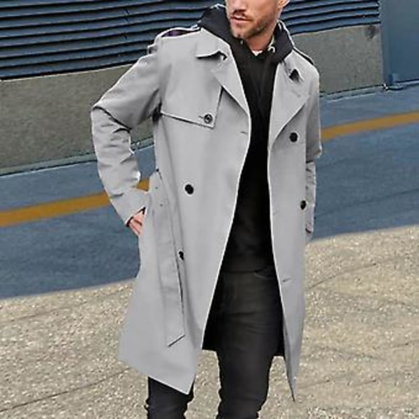 Mænd Efterår Vinter Ensfarvet Vindjakke Lapel Langærmet Dobbeltbrystet Lommer Bælte Slim Fit Lang Frakke Streetwear (XL Mørkebrun)