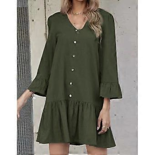 V-aukkoinen napillinen mekko, pehmeä, muodikas, rento, ihoystävällinen, hengittävä, pitkähihainen mekko naisille, päivittäiseen ostoskäyttöön, vihreä XXL