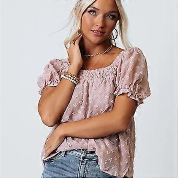 Lyhythihaiset paidat kesä rento T-paidat kesä naisten neliöpääntie sifonki jacquard Sweepink(XL )