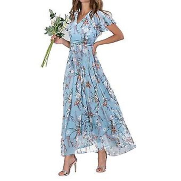 Maxikjole med V-hals, volanger, korte ermer, tettsittende midje, høy midje, flytende kant, søtt blomsterprint, chiffonkole dameklær (2XL innsjøblå)
