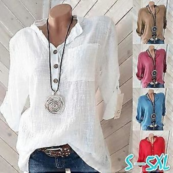 Dame Ensfarget V-hals Bluse med Lommer (XXXL rosa)