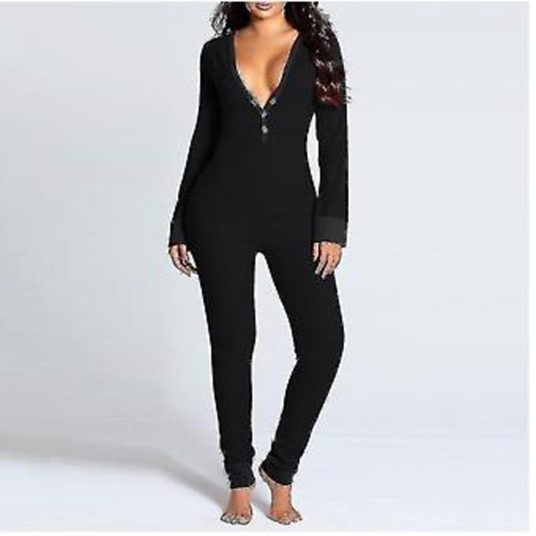 Långärmad Jumpsuit med Bakficka för Kvinnor, Onesie Pyjamas, Bodycon Nattkläder, Onesies Combinaison Pyjama Femme-yky Xl Rosa