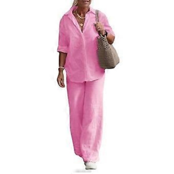 1 Set Trendiga Dam Casual Skjorta Byxor Kläder Plus Size Bomull Linne Topp Vida Ben Byxor Lös Outfit Pendling (XL rosa)