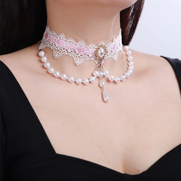 Elegant Hvid Blonder Choker Halskæde Vintage Perle Halskæder Gotisk Victoriansk Lolita Kostume Smykker Halskæder til Kvinder F