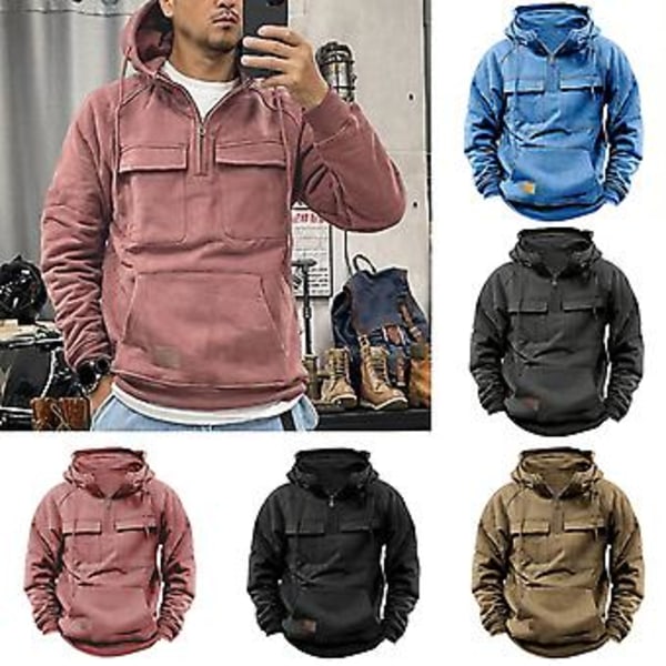 Mænd Efterår Vinter Hoodie Snøretræk Solid Farve Løse Lommer Langærmet Stor Patch Lomme Halv Lynlås Elastisk Manchet Mænd Trøje (3XL Sort)