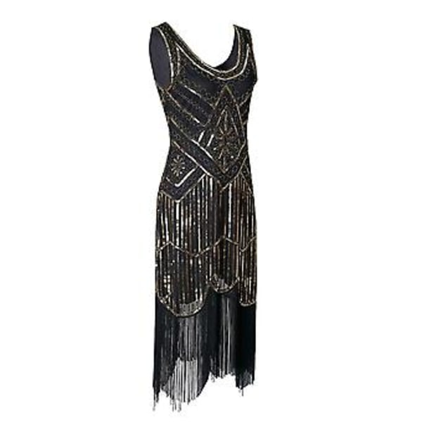 Naisten 1920-luvun Flapper-mekko Pitkä Franssuilla Suuri Gatsby -asu 20-luvun Vintage-juhlamekko Helmiä ja Pailletteja (M Musta Kulta)