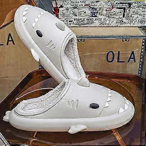 Vinter Hajtofflor Haj Sandaler Herr Och Dam Memory Foam Söta Tecknade Plyschiga Fluffiga Varma Pälsfodrade Tofflor (38-39 Grå)