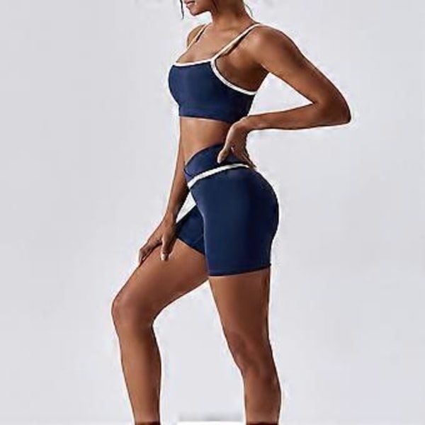 2-osainen Jooga-asu Värilohko Spaghettihihnallinen Ristivyötäröinen Naisten Urheilujooga-asu Juoksuun (XL Shorts Midnight Blue)