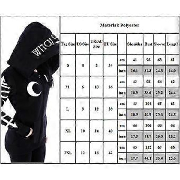 Halloween Kvinne Goth Kappekåpe Hexe Punk Hettestropp Glidlåskåpe Topp (2XL)