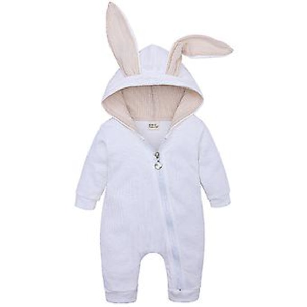 Baby Romper med Kaninöron, Full Zip, Pyjamas, Sovkläder (0-3 Månader, Vit)