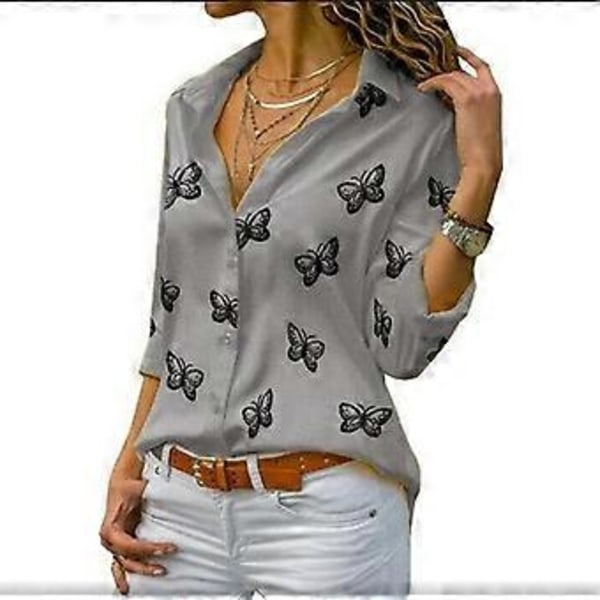 Dame Sommerfugl Print Skjorte Nedadvendt Krave Knap Chiffon Bluser Plus Størrelse Langærmet Toppe (L grå)