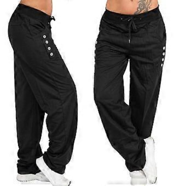 Dame Oversized Snøring Løse Bukser Full Lengde Casual Lange Bukser -NMAOV(2XL Svart)
