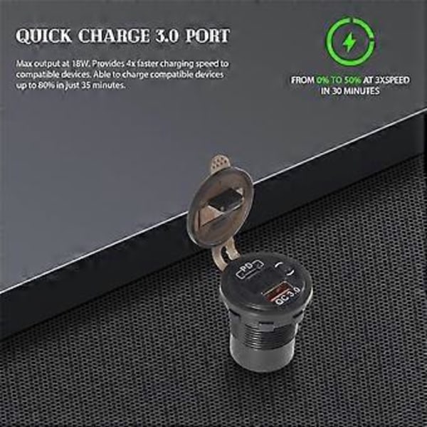 PD Type C 48W Dobbelt USB Bilopladerstik, QC 3.0 Hurtig Biloplader med Voltmeter og Kontakt til Båd Lastbil RV, Rød