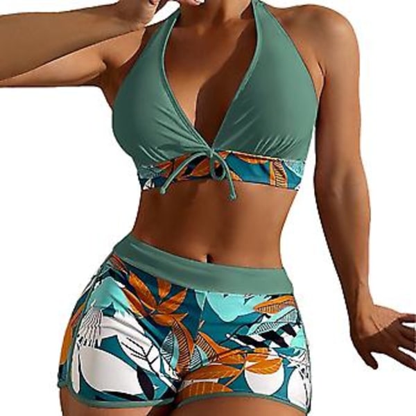 Women Leaf Printed Padded Bikini Set Halterneck Bra Bowtie Top High Waist Boy Shorts Swimsuit Summer Beach Swimwear(XL Dark Green)