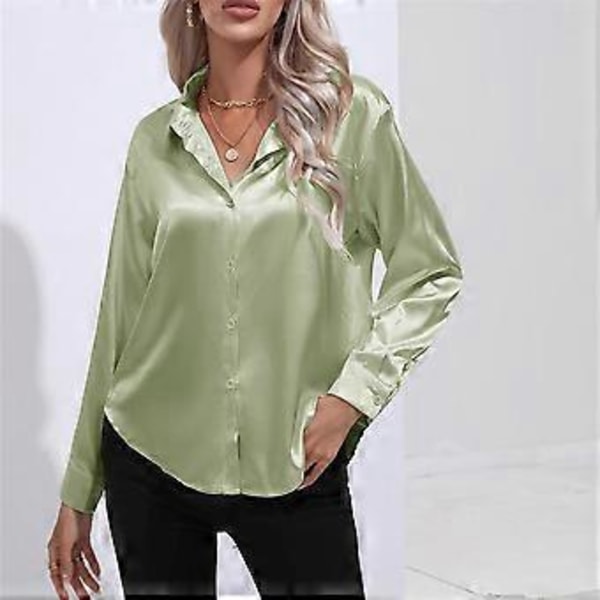 Forår Efterår Satin Bluse Imitation Silke Langærmet Skjorte til Dame Plus Size Løse Toppe (L lysegrøn)