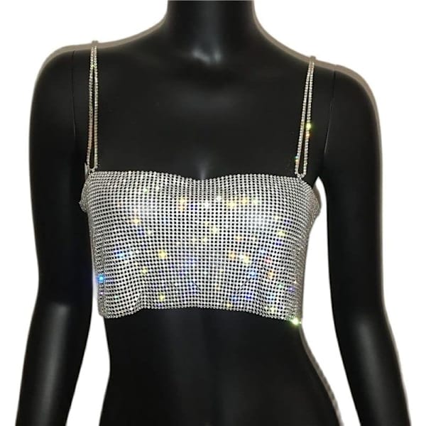 Glitter Krystallkjede Tank Top Glitter Metall Mesh Halv Metall Rem Crop