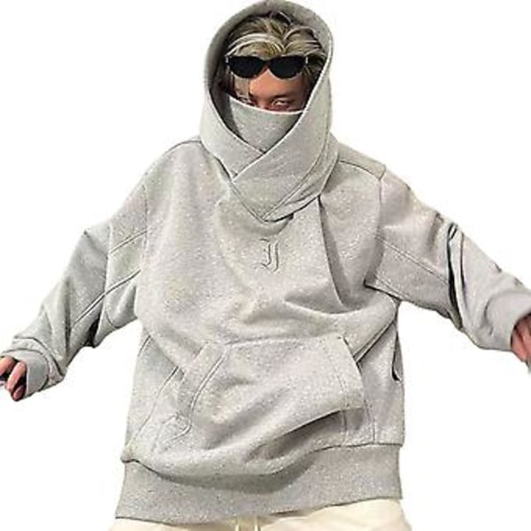 Mænds Hoodie Solid Farve Hættetrøje Lange Ærmer Trøje Tyk Koldbeskyttende Høj Hals Hip Hop Efterår Hoodie til Dating (2XL Grå)