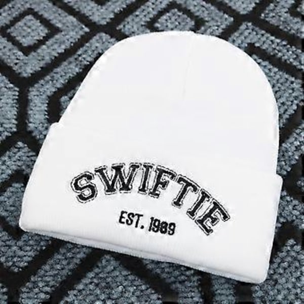 Taylor Swift 1989 Beanie Merch Women Fashion Knitted Stretch Cuffed Hat SWIFTIE Embroidered Ski Skull Cap( White)